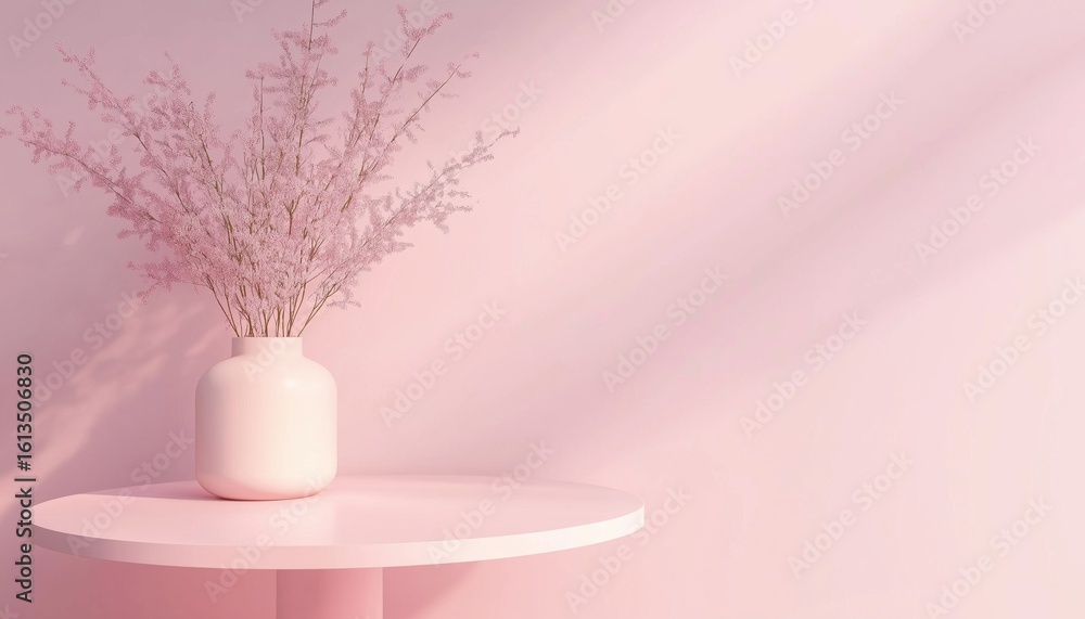 Poster pastel pink studio table room with empty product display and copy space for website advertising of p