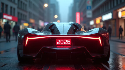 Futuristic car with 2026 display drives through rainy city night.
