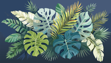 Watercolor backdrop of lush tropical greenery leaves vector illustrator banner