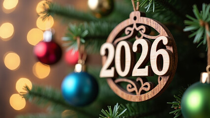 Wooden 2026 ornament hangs on glowing, colorful Christmas tree.
