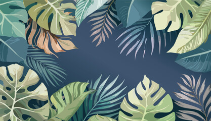 Watercolor backdrop of lush tropical greenery leaves vector illustrator banner