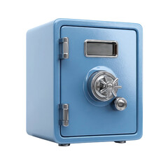 Blue metal safe with chrome dial and handle isolated on a transparent background