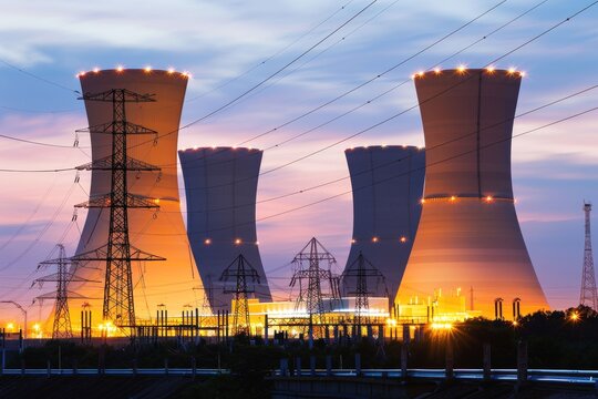 Cooling towers illuminated at dusk near a power plant with electrical transmission lines in a serene landscape