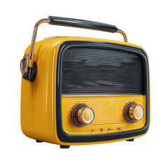 Retro yellow radio with golden accents and black speaker grille isolated on a transparent background