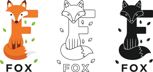 Fox illustration logo design with letter f vector template for branding and identity