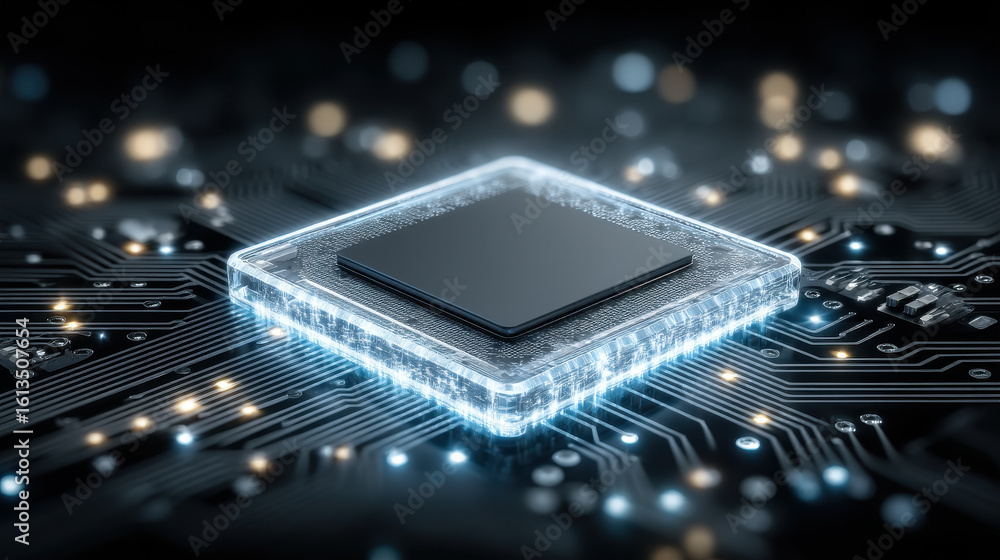 Poster futuristic ai quantum processor with glowing effects reveals advanced technology in a dark environme