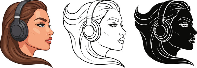 Woman with headphones vector illustration in color line art and silhouette styles art