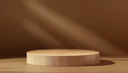 Circular Wooden Podium For Displaying Food, Products, Or Cosmetics On A Bright Brown Background. Ideal For Showcasing Various Items.