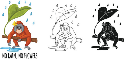Orangutan under leaf in rain cartoon illustration vector art design for kids and adults