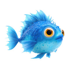 Cartoon blue fish with big eyes isolated on a transparent background aquatic marine