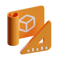 Modern 3D Render: Orange Blueprint, Cube, and Set Square;  Clean Minimalist Design.