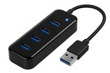 Black usb hub featuring blue ports, expanding device connectivity, positioned against transparent backdrop for clear product visualization