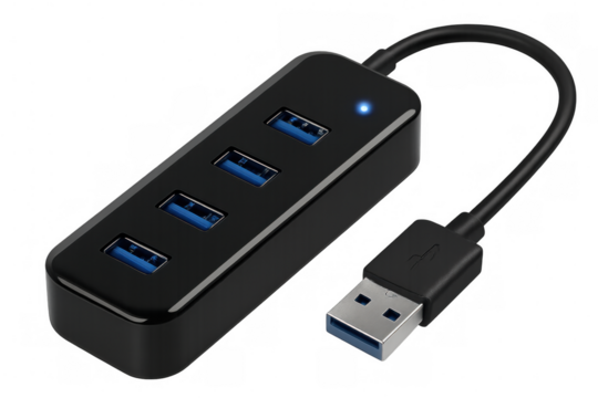 Black usb hub featuring blue ports, expanding device connectivity, positioned against transparent backdrop for clear product visualization