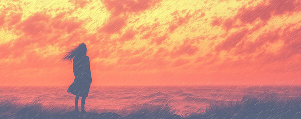 A solitary woman stands silhouetted against a dramatic, rainswept sunset over a turbulent sea. The artistic, painterly style evokes emotion and introspection.