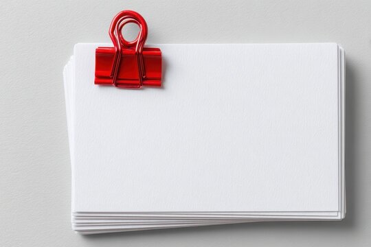 A stack of blank white paper held together by a bright red binder clip on a light gray background