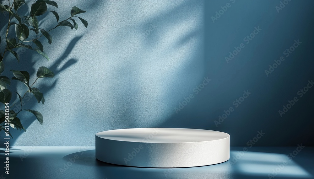 Poster front view mockup of podium and stand with deep shadow on blue wall for product display. visual pres