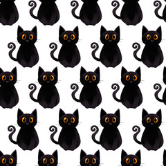 Halloween seamless pattern with black cat, festive elements, flat design. Perfect for festive wrapping paper and holiday decor.