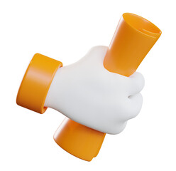 3D Render: Cartoon Hand Holding Orange Certificate Scroll, Achievement, Success, Graduation Concept