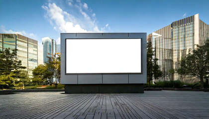 Obraz premium Blank billboard mockup in modern city setting. Perfect for advertising, real estate, or urban design projects. Clean, spacious feel; easily customizable. Ideal for showcasing your designs.