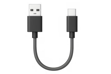 Black usb cable featuring type-a and type-c connectors, linking digital devices against transparent backdrop