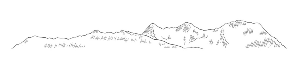 Hand-drawn line art of a mountain range with simple contour details. Swiss Alps landscape silhouette with sketch shading.