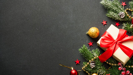 Christmas flat lay background with holiday decorations.