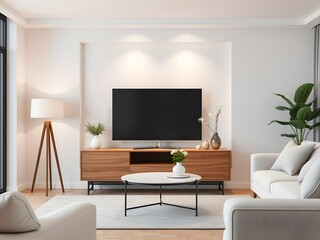 Modern Living Room Interior Mockup with TV Cabinet, Lamp, Table, Flowers, and Indoor Plants (AI Generated)