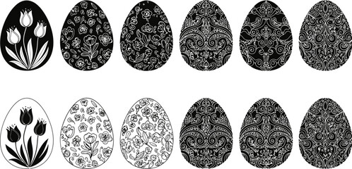 Black and white easter eggs vector set with floral and paisley patterns for decoration