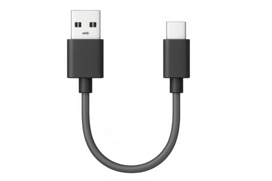 Black usb cable featuring type-a and type-c connectors, linking digital devices against transparent backdrop