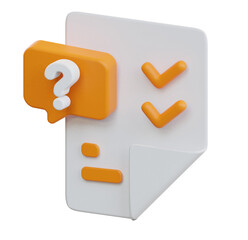 3D Render:  Orange and White Checklist with Question Mark, Modern, Approachable Style