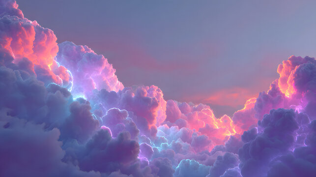 colorful dreamy clouds with glowing neon light accents in purple pink and blue tones floating in a surreal sky with a soft magical aesthetic atmosphere