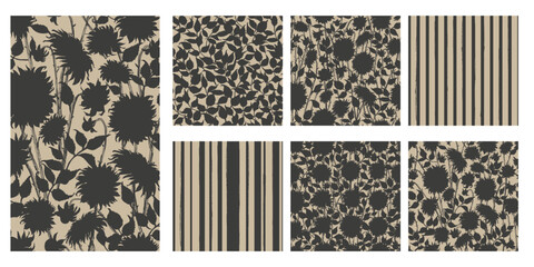 Hand drawn vector dahlia flower, leaves, stripes seamless patterns in black and beige color. Garden plant background set.