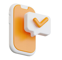 3D Render:  Orange Smartphone App Notification Checkmark, Positive Feedback, Modern Design, Clean Minimalist Style