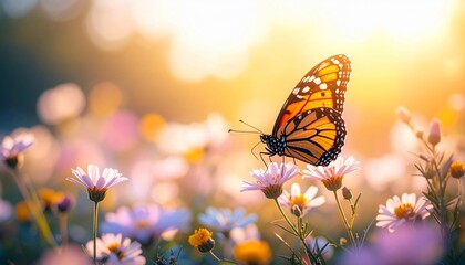 Fototapeta premium Golden Hour Butterfly: A Monarch's Embrace in a Sunset Meadow