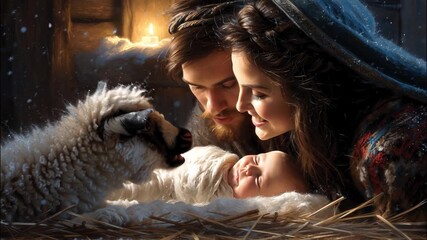 Joseph and mary admire newborn baby jesus lying in a manger near a sheep, with light and snow falling video 4k