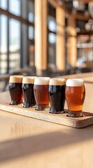 Tasting flight showcases craft beverages on wooden table with light creating blurred background in brewery