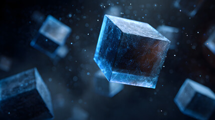 futuristic 3d cubes floating in zero gravity within dark space glowing blue edges ambient particles deep depth of field and holographic sci-fi interface style