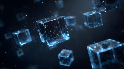 futuristic 3d cubes floating in zero gravity within dark space glowing blue edges ambient particles deep depth of field and holographic sci-fi interface style