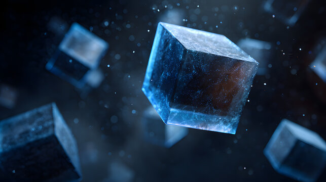 futuristic 3d cubes floating in zero gravity within dark space glowing blue edges ambient particles deep depth of field and holographic sci-fi interface style