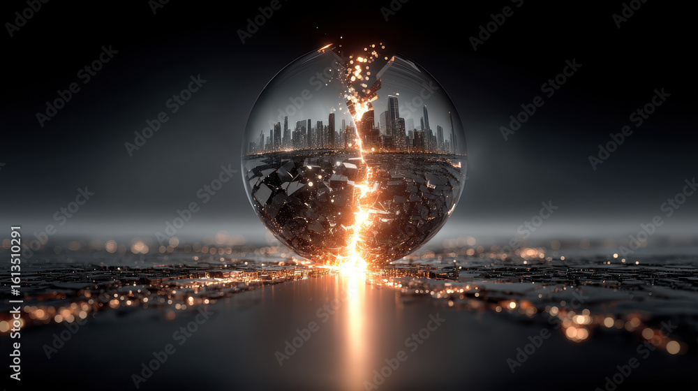 Aufkleber glowing orb trapped in a fragmented digital bubble amidst vast empty cyberspace reflecting lonelines