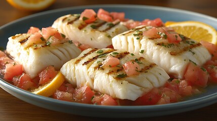 Grilled white fish fillets topped with a tomato salsa.
