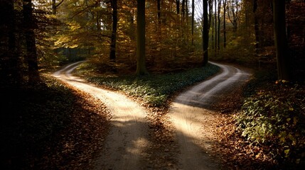 Obraz premium A forked path through a golden autumn forest, symbolizing life's choices under soft sunlight.