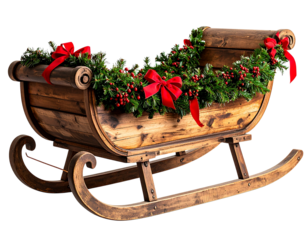Rustic Wooden Christmas Sleigh with Evergreen Garland, Side Angle, Isolated