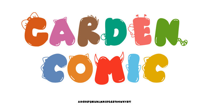 Playful bubble style font design, colorful comic childish alphabet, letters and symbol vector illustration, typographic design, Cute Letters Kids Book Cartoon Aesthetic, elegant kawaii fonts monster