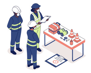 Chemical safety class in isometric style with workers learning to wear respiratory protection masks correctly during industrial hazard training.