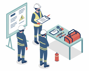 Isometric isolated scene of industrial workers in chemical safety training, learning correct use of respiratory protection masks and safety protocols.