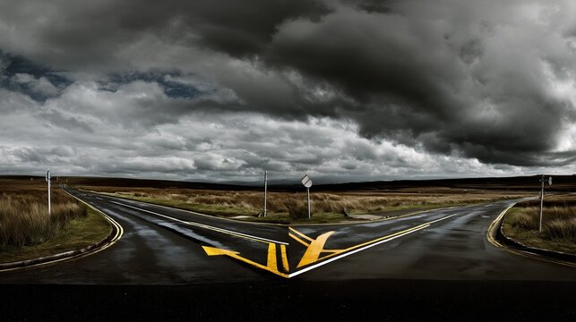 A dramatic split in the road under a moody sky, symbolizing life's pivotal choices.