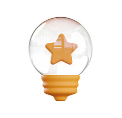 3D Render:  Orange Star Inside Glass Lightbulb;  Warm, Playful,  Achievement Concept.
