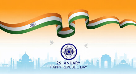 Vibrant illustration celebrating India's Republic Day on January 26th, featuring the national flag's colors waving above iconic landmarks, symbolizing national pride.