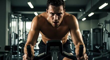 Naklejka premium Intense Gym Workout: Focused Man on Stationary Bike, Dripping with Sweat